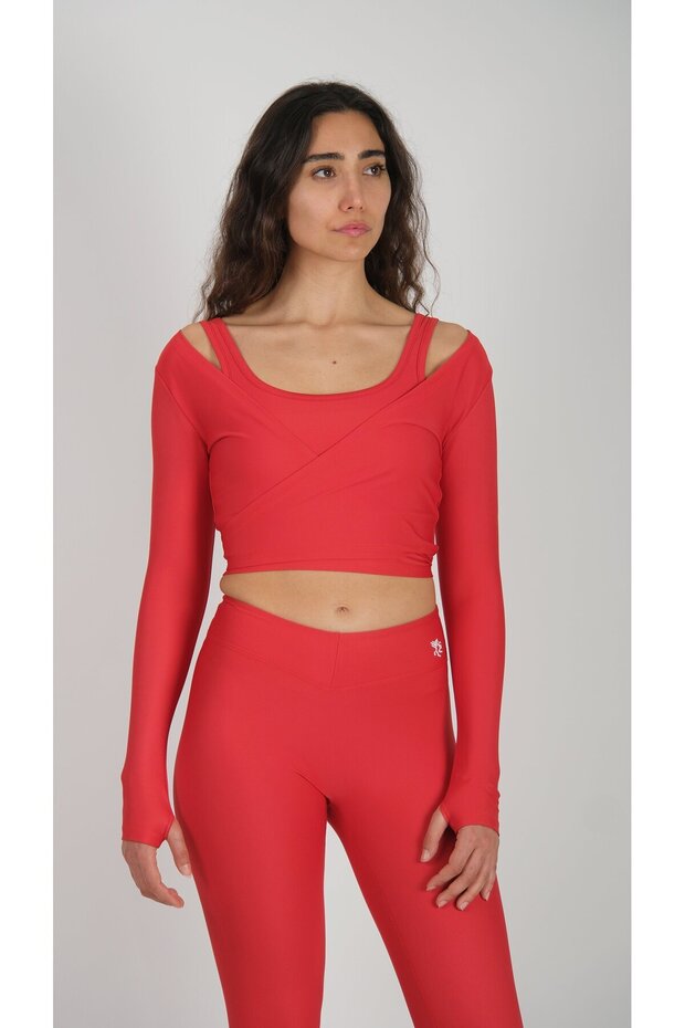 Anvelop Belden Bağlamalı Crop Bluz Kırmızı - 4