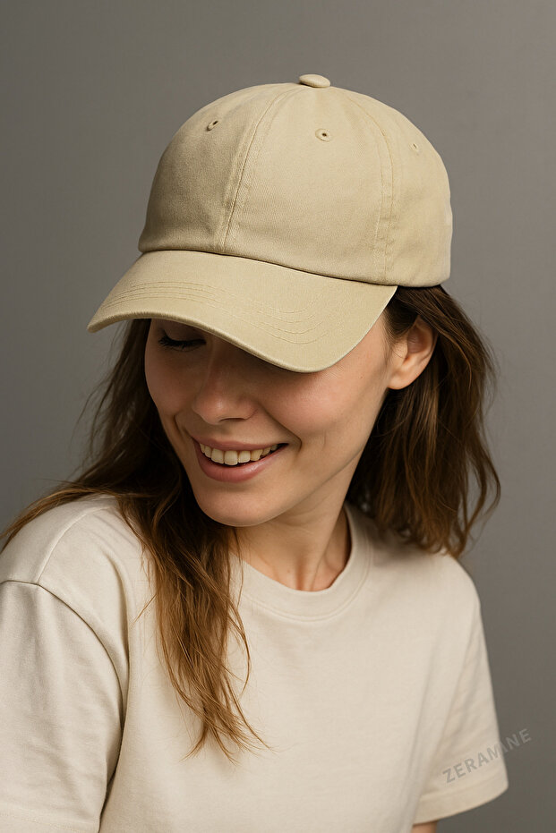 Unisex Yıkamalı Eskitme Şapka Krem Şapka - 1