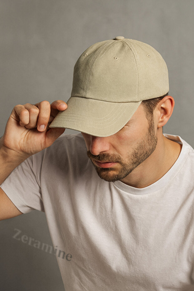 Unisex Yıkamalı Eskitme Şapka Krem Şapka - 3