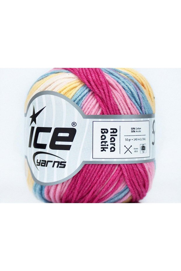 8X50Gr. Alara Batik Cotton, Acrylic Blue, Yellow, Pink Shades, Light Cream Summer Yarns, Cotton