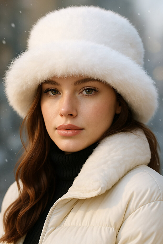Ecru Thick Plush Heart Hat Beanie - Warm Stylish Outdoor Cold Protection Spk1143