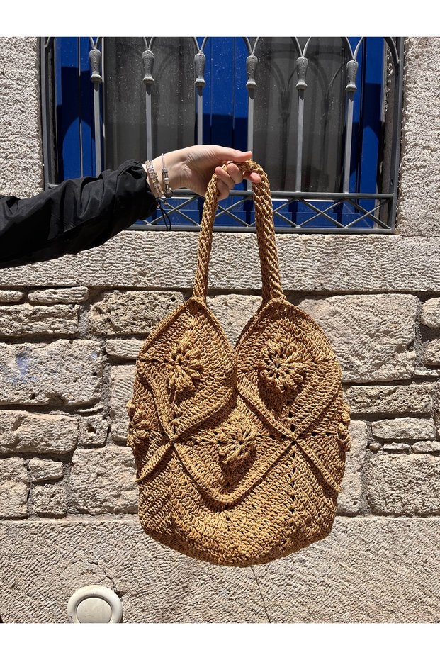 Motifed Straw Color Medium Size Handle Beach Bag Hand Knitted
