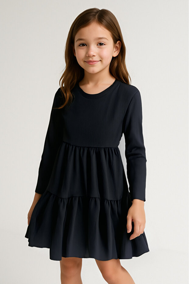 3 Piece Wrinkle Fabric Girl's Dress - Black