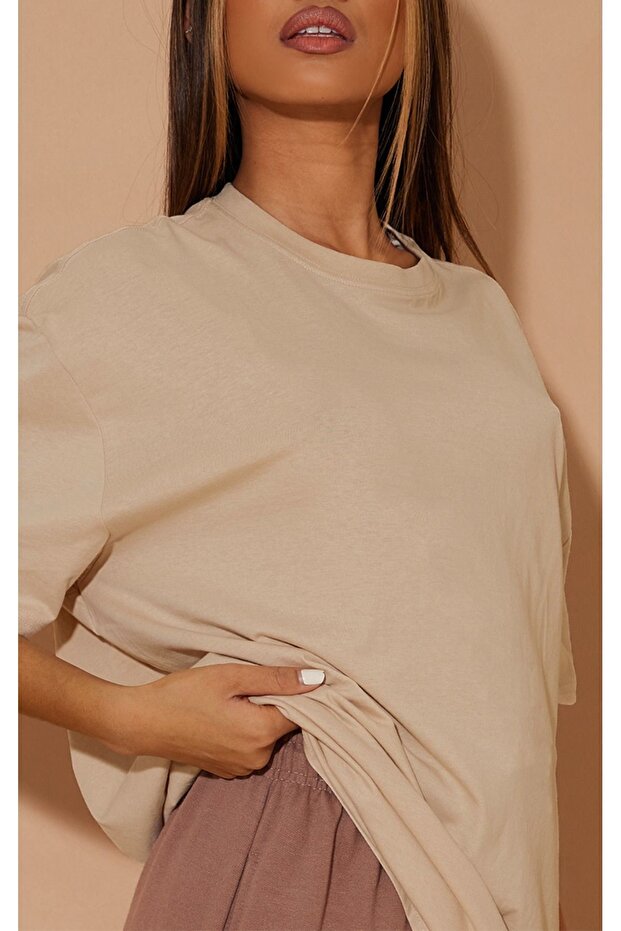 Plain Single Jersey T-Shirt - Beige Oversize Crew Neck Short Sleeve T-Shirt