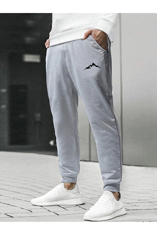 Mountain Silhouette Sweatpants Jogger - Gray Printed Elastic Cuff High Waist