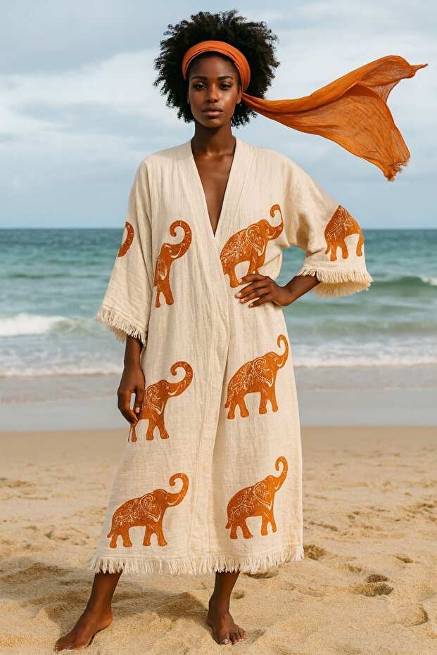 4 Layers Natural Muslin Cotton Fabric Chemical Treatment Unprocessed Hand Printed Kaftan Kimono Peshtemal Bathrobe