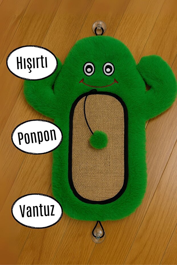 سجادة خدش للقطط من القطيفة على شكل صبار، سطح من الجوت، مع صوت خشخشة، مزودة بألعاب بومبوم، وقابلة للتثبيت. - 3