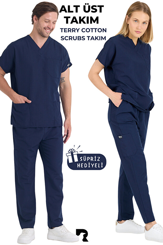 Navy Blue Lycra Suit Unisex Bat Sleeve Nurse and Doctor Uniform Suit Scrubs Hospital Uniform