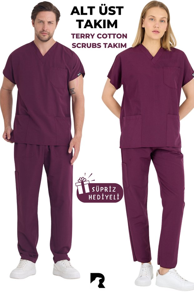 Plum Suit Terry Cotton Unisex Bat Sleeve Nurse and Doctor Uniform Suit Scrubs