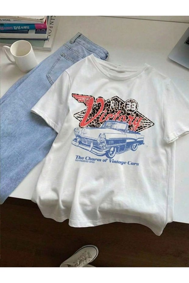 Vintage Car Printed Crew Neck Cotton White Women'S/Men's Unisex Oversize Tshirt