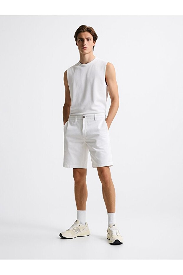 Basıc Midi Regular Gabardin Beyaz Şort - 1