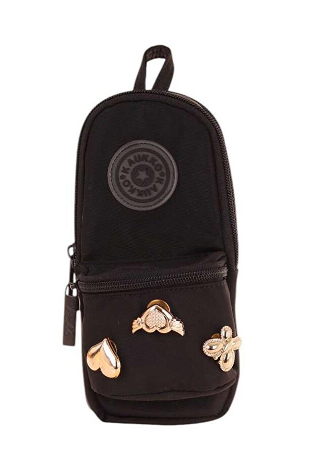 Bag Shaped Girl's Three Compartment Pen Holder - Black - Metal Accessories - K2742