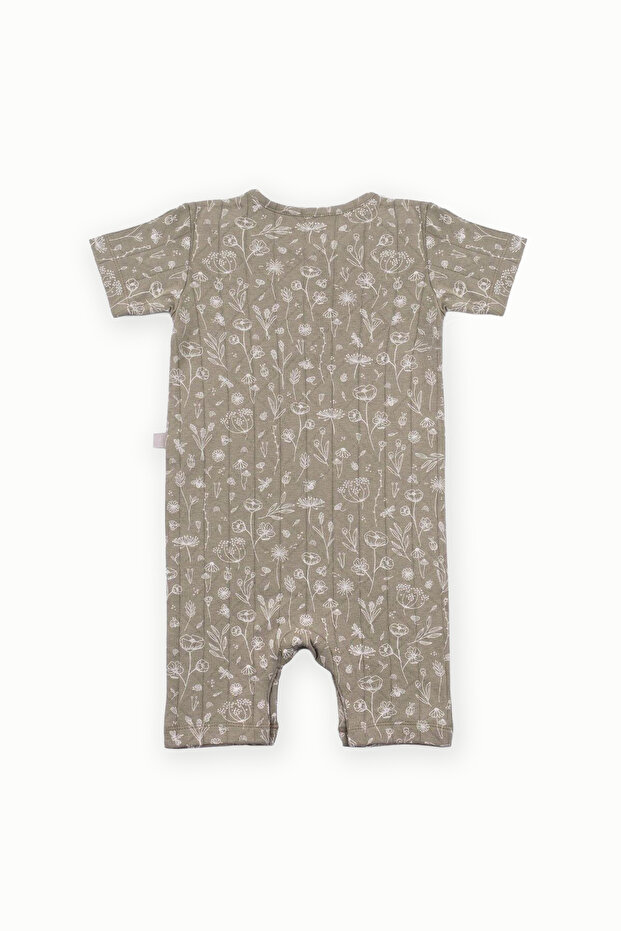 Pamuklu Kısa Kollu Bebek Şort Tulum Bahar Çiçekli Haki - 2