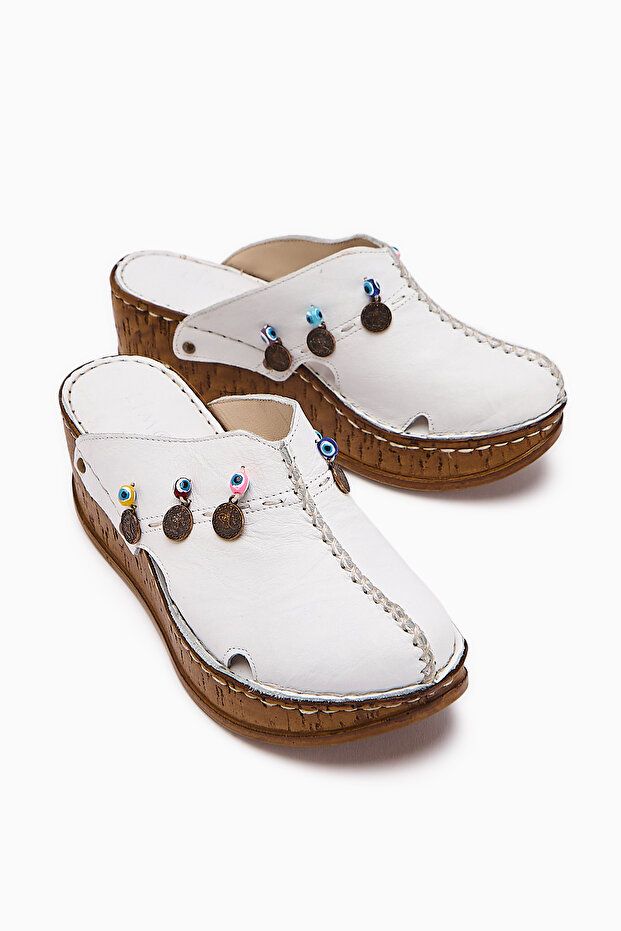 Genuine Leather Annika White Antique Detailed Wedge Sabo Women's Slippers