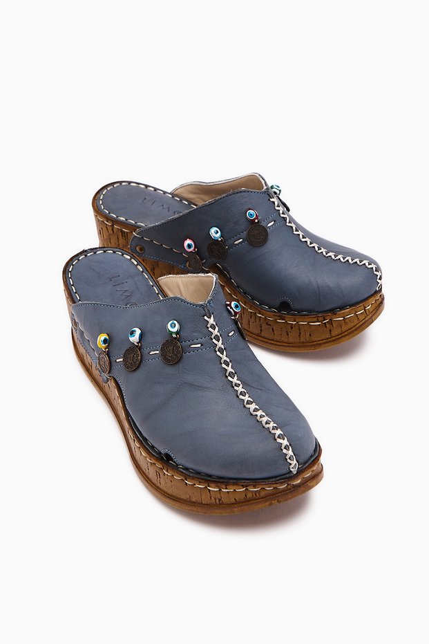 Women's Navy Blue Annika Antique Detailed Genuine Leather Wedge Sabo Women's Slippers