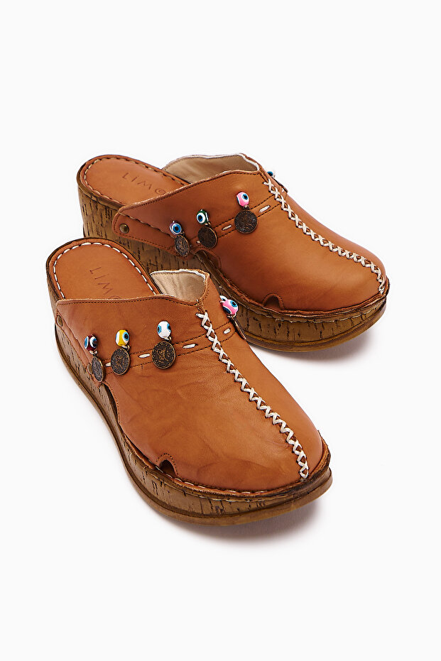 Genuine Leather Annika Tan Antique Detailed Wedge Sabo Women's Slippers