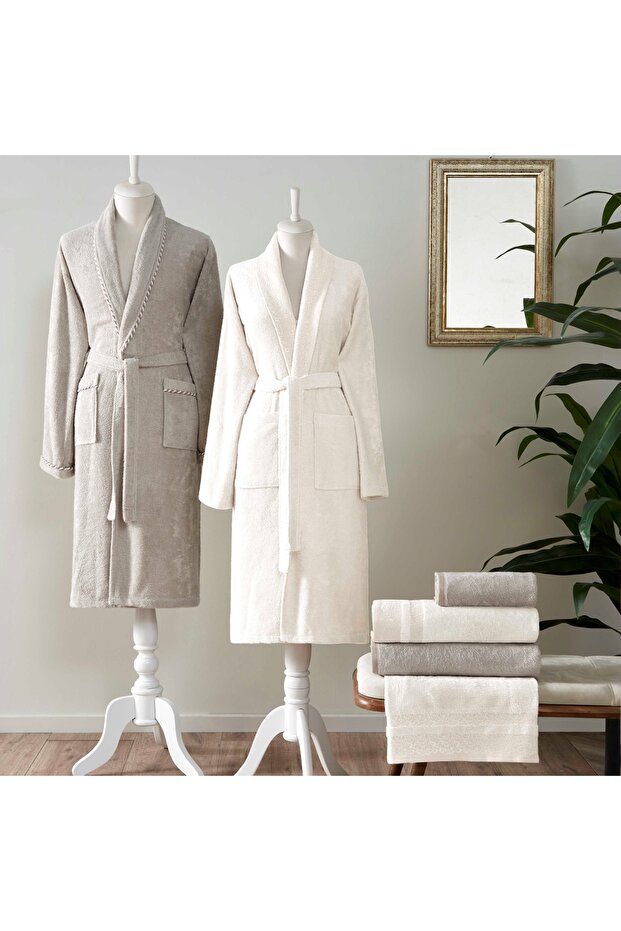 Flame Bamboo Classic Family Bathrobe Set Stone Ecru Mink