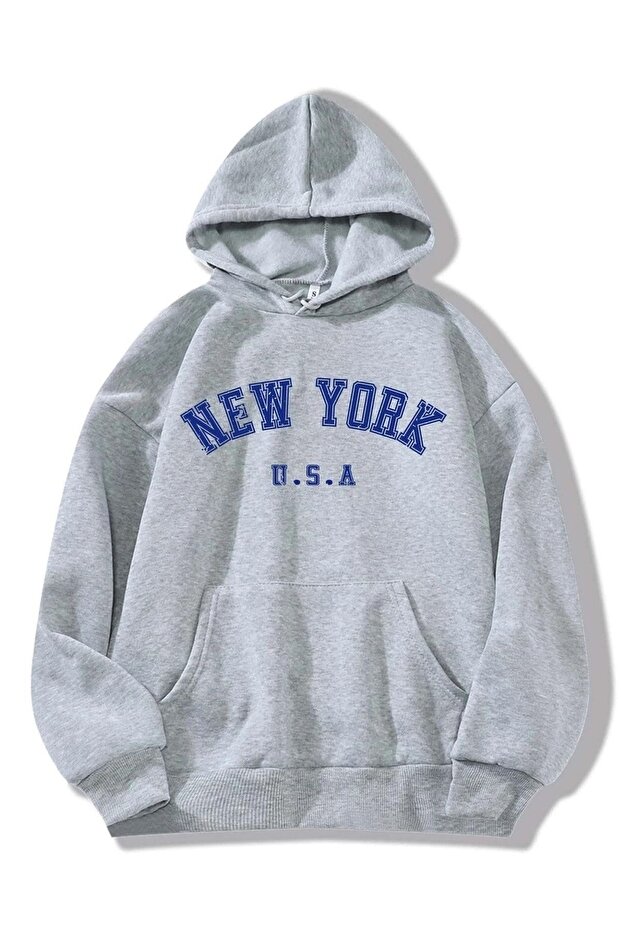New York USA Sweatshirt - Gray Printed Oversize Hoodie