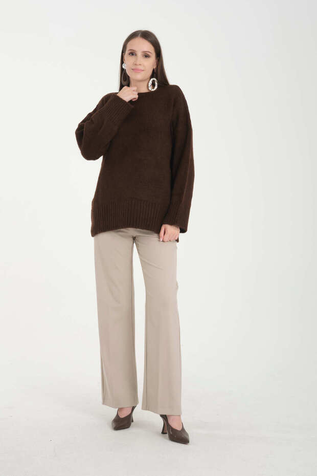 Oversize Basic Kahve Uzun Kadın Kazak - 6