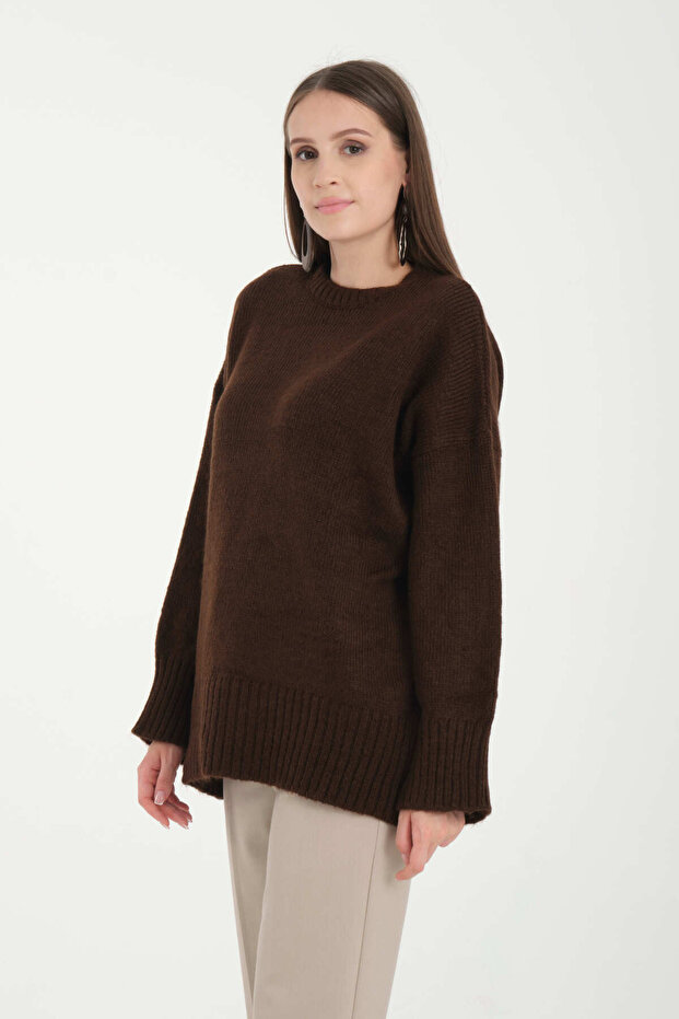 Oversize Basic Kahve Uzun Kadın Kazak - 4