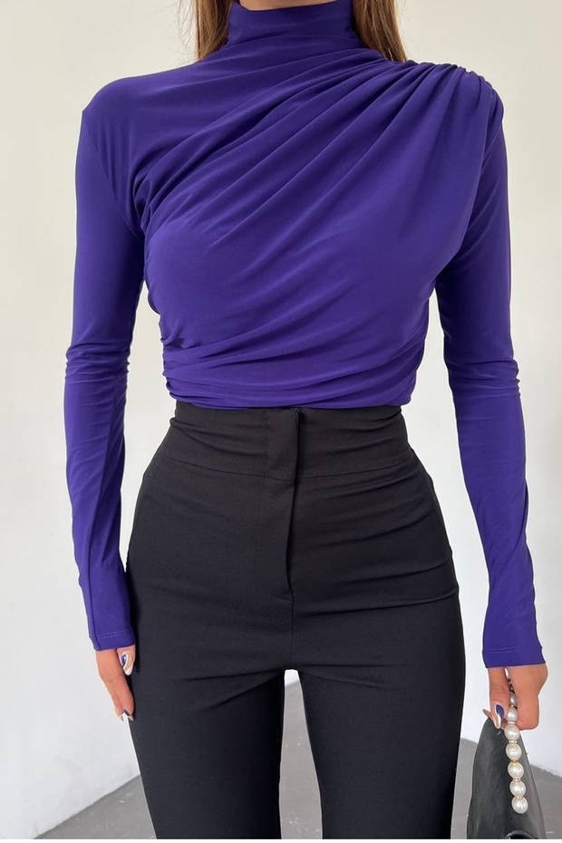 Women's Flexible Fabric Long Sleeve Asymmetrical Cut High Collar Plum Women's Blouse 9871