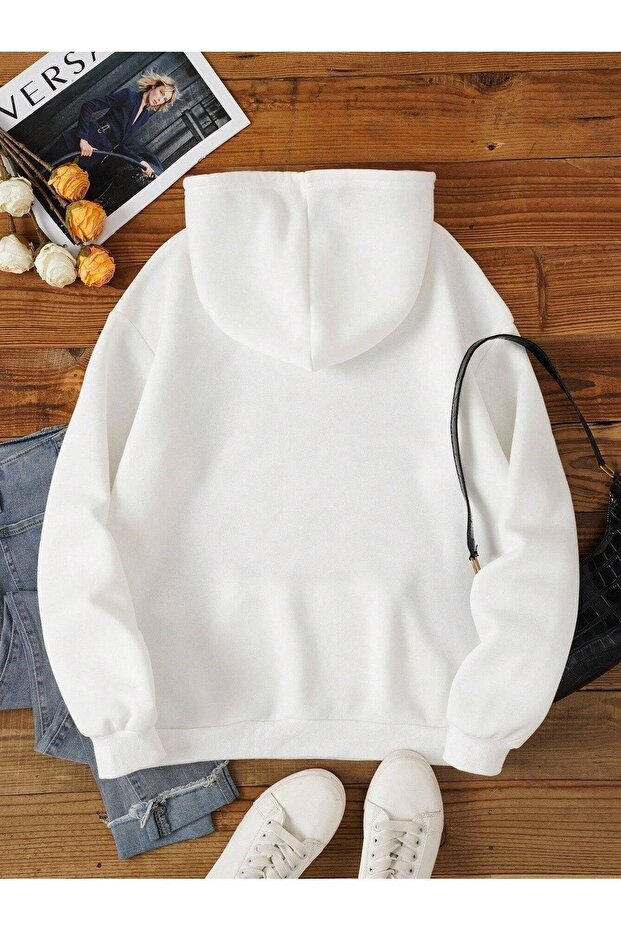Düz Basic Sweatshirt - Beyaz Oversize Kapüşonlu - 2