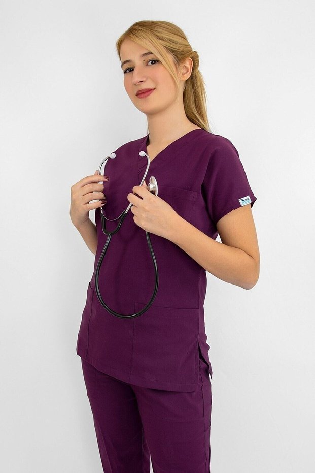Unisex Blackberry Color Doctor Nurse Hospital Lycra Scrubs Single Top Jersey