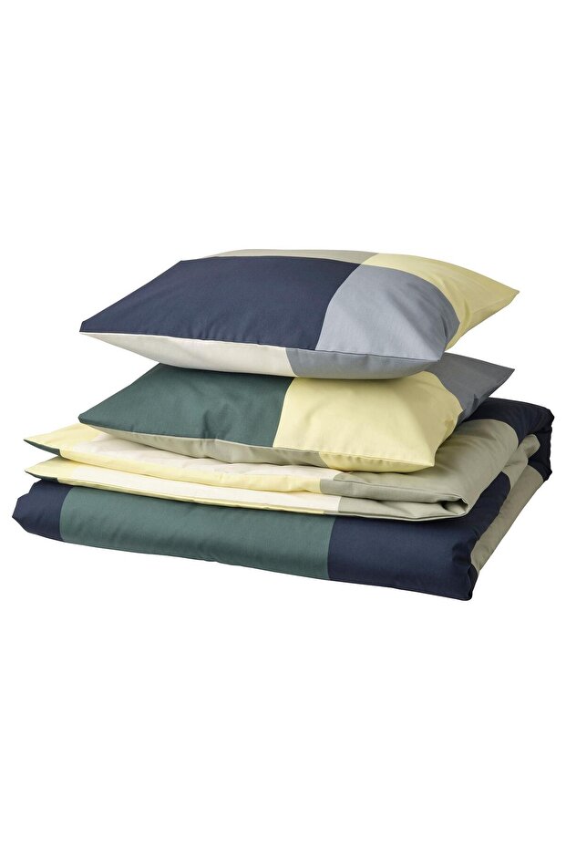 Geometric Pattern Double Duvet Cover Set, Yellow-Navy Blue-Grey Color 240X220 Cotton-Viscose