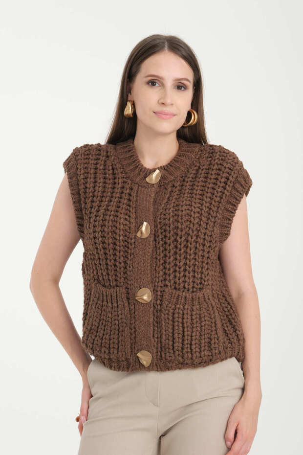 Crew Neck Brown Soft Textured Pocketed Buttoned Knit Vest