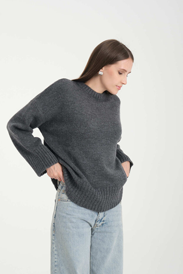 Oversize Basic Füme Uzun Kadın Kazak - 5