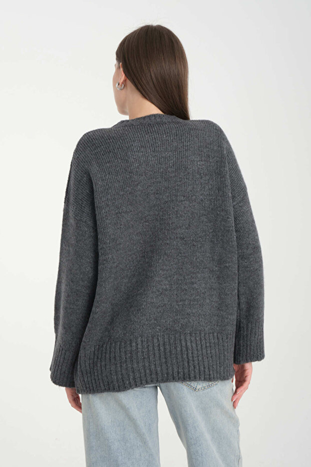 Oversize Basic Füme Uzun Kadın Kazak - 6