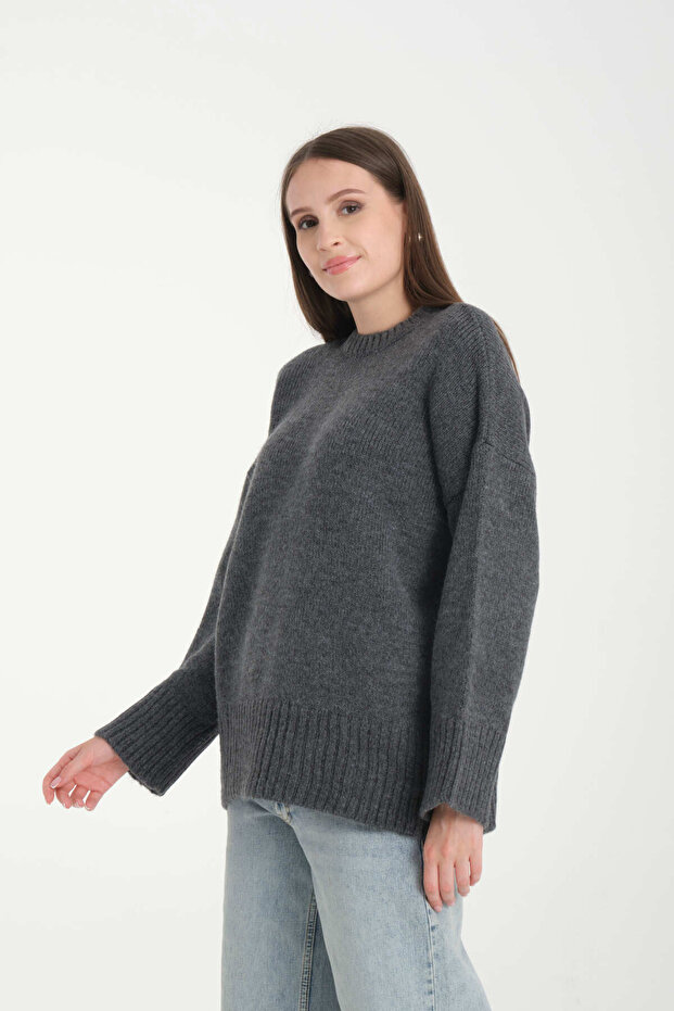 Oversize Basic Füme Uzun Kadın Kazak - 7