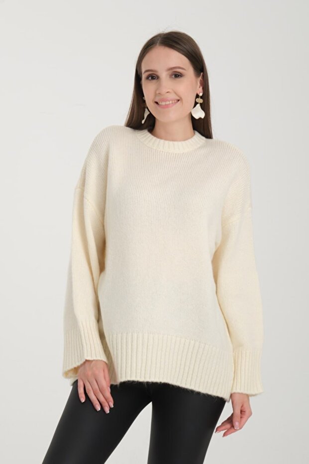Oversize Basic Ekru Uzun Kadın Kazak - 1