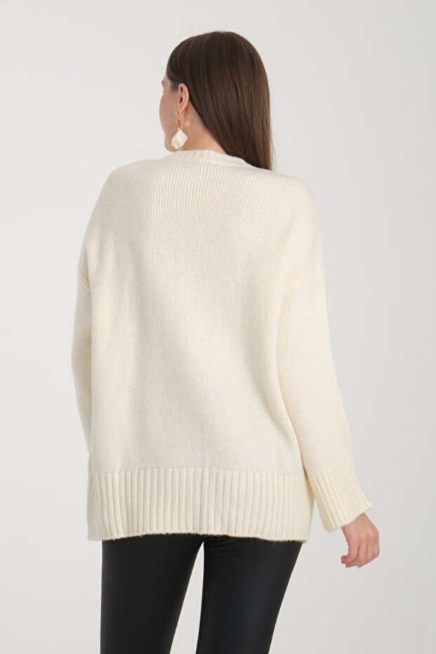 Oversize Basic Ekru Uzun Kadın Kazak - 7