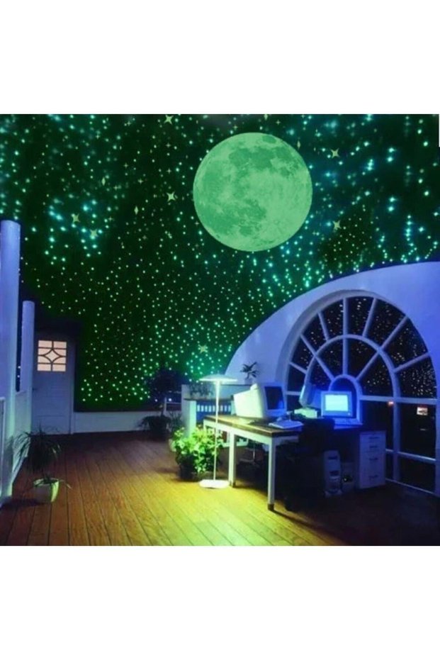 Children's Room Highlighter Sticker Set 22cm Moon 200 Pcs. Phosphorescent Star and Large Figure Wall Ornament