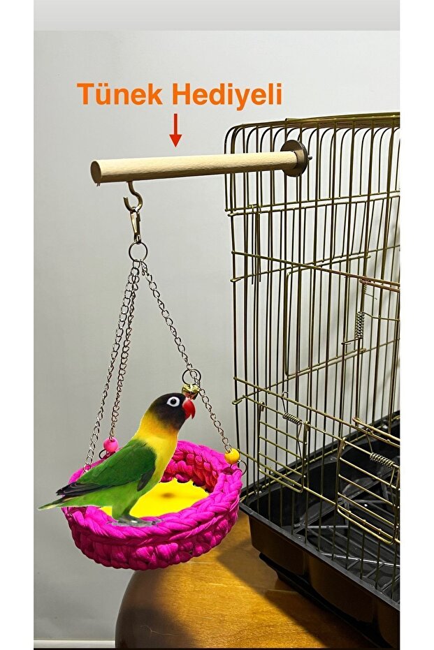 Knitted Bird Hammock (Pink) Bird Swing with Perch Gift Budgie and Parrot Swing
