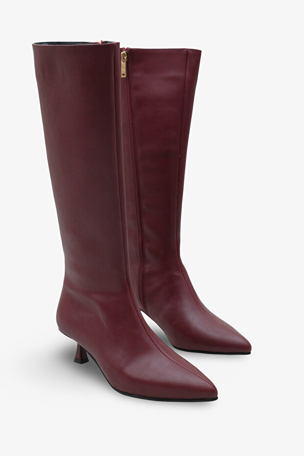 Women's Pointed Toe Side Zipper Heeled Daily Boots Zery Claret Red