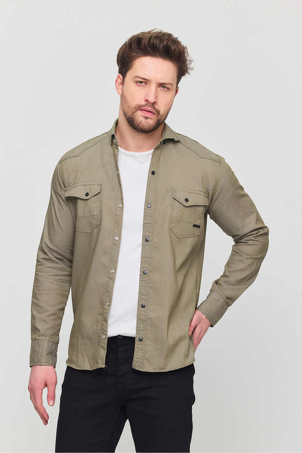 Slim Fit Men's Denim Shirt Light Khaki