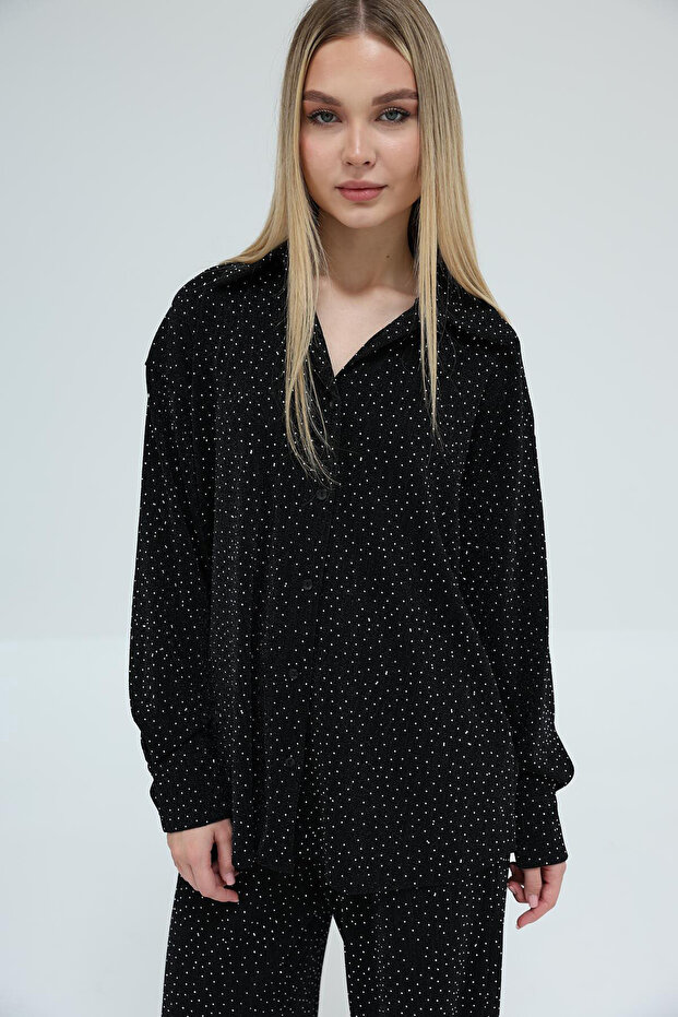 Kadın Siyah Taş İşlemeli Oversize Gömlek Ve Palazzo Pantolon Takım Vs00430 - 5