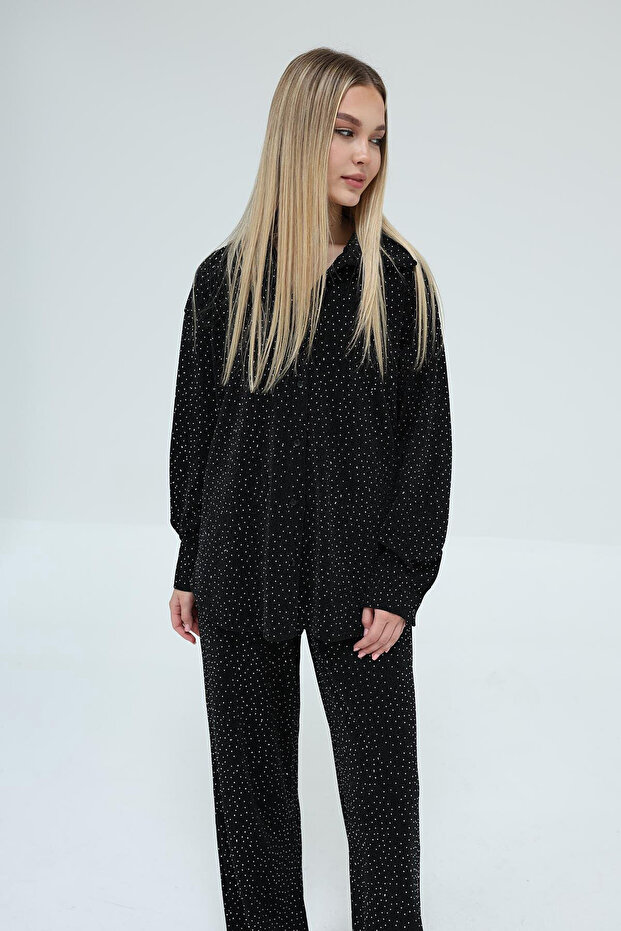 Kadın Siyah Taş İşlemeli Oversize Gömlek Ve Palazzo Pantolon Takım Vs00430 - 6