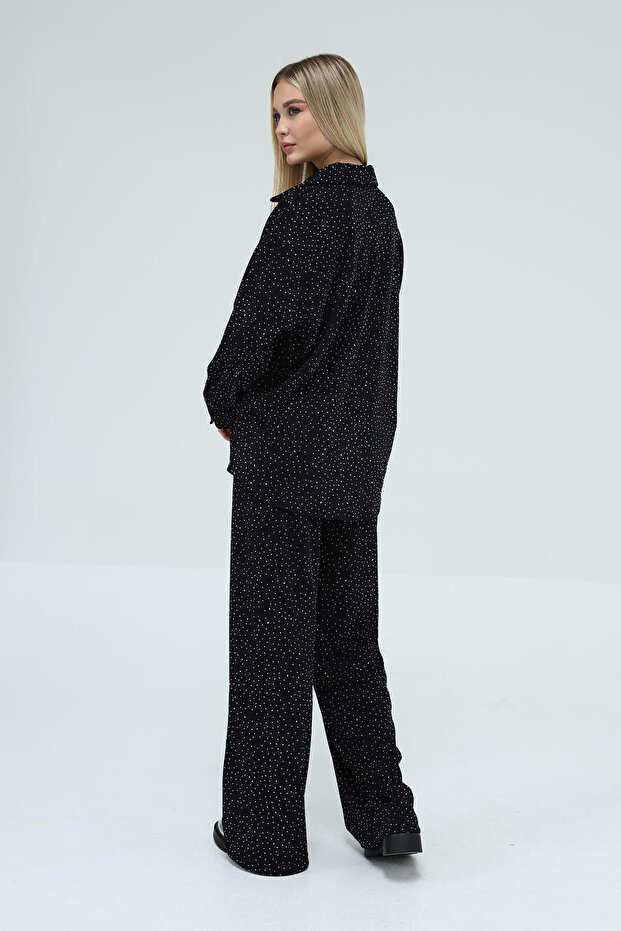 Kadın Siyah Taş İşlemeli Oversize Gömlek Ve Palazzo Pantolon Takım Vs00430 - 7