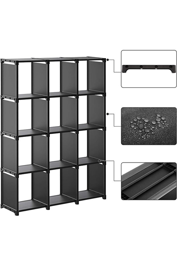 Modular storage shelf with 12 cubes, textile, customizable, 30x105x140 cm, black - 5