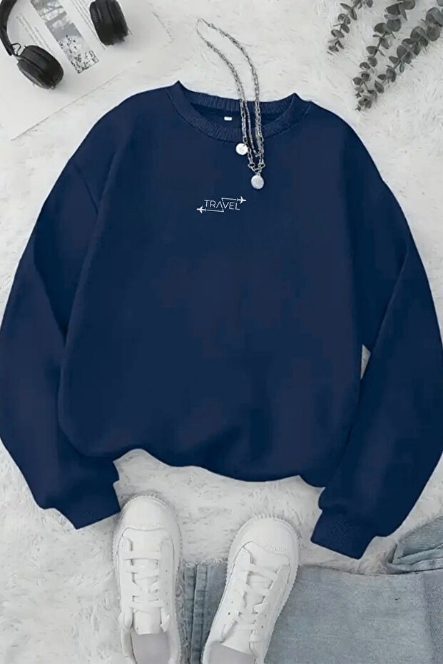 Unisex Navy Blue Travel Printed Crew Neck Sweatshirt - Winter Embossed Fabric