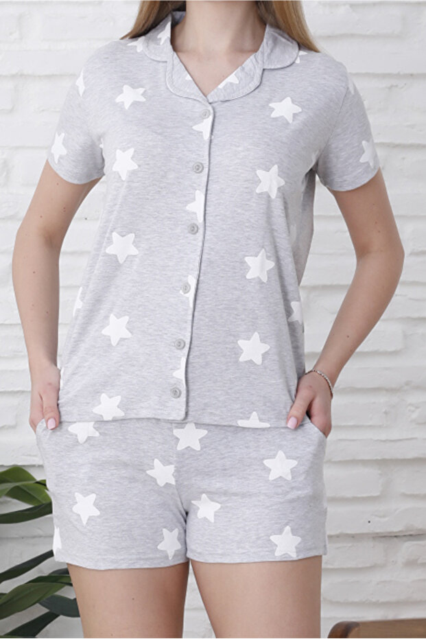 Women's Pajama Set with Shorts Button Short Sleeve Cotton Pocket Lycra Gray