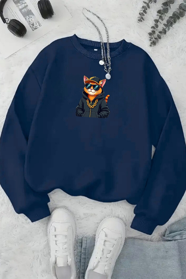 سويت شيرت برقبة دائرية مطبوع عليه COOL CAT باللون الأزرق الداكن للجنسين - قماش شتوي ملون