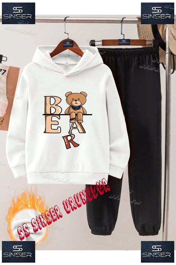 Children's Unisex "Bear Sitting on Letters" Special Printed Hooded Tracksuit Set