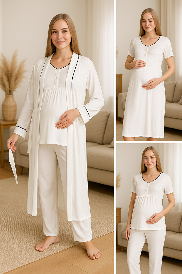 White Maternity and Maternity Morning 4 Piece Breastfeeding Pajamas Set