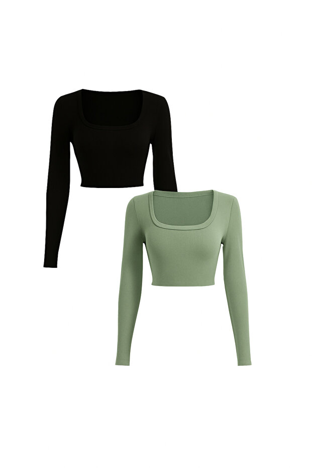 Women's 2Pcs Square Neck Ribbed Camisole Crop Long Sleeve Blouse