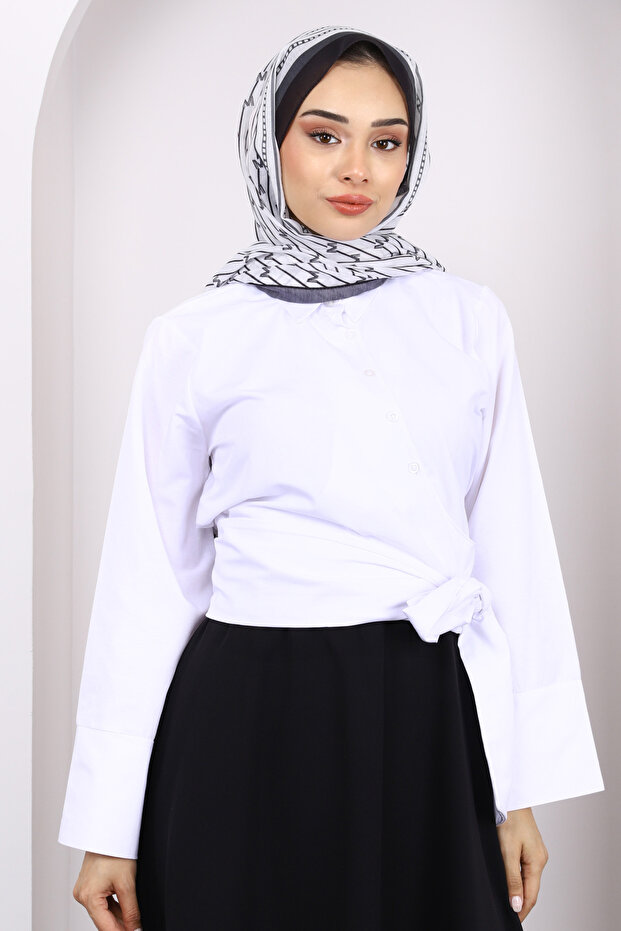 Ecru Waist Tie Crop Shirt