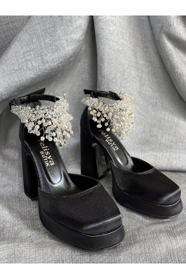 Black Satin, Pearl Stone Platform High Heel Evening Dress Shoes 10Cm-Feli̇syabuti̇k